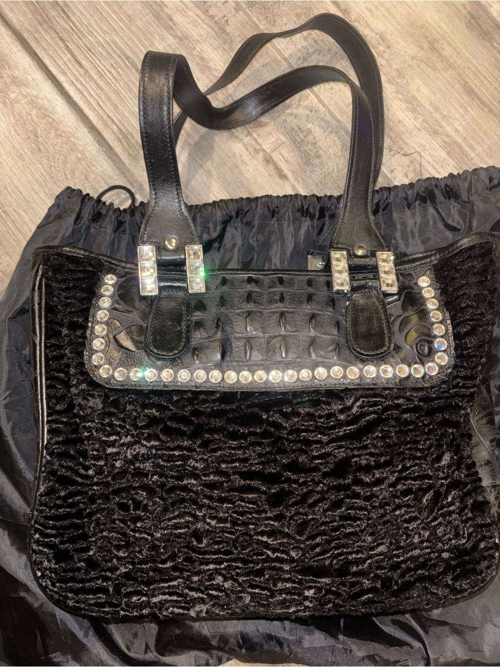 Raviani Black Faux Fur Tote with Crystal Accent